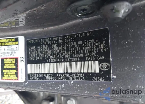 2020 Toyota Camry Xse z USA, uszkodzony, nr VIN 4T1K61AK4LU372981